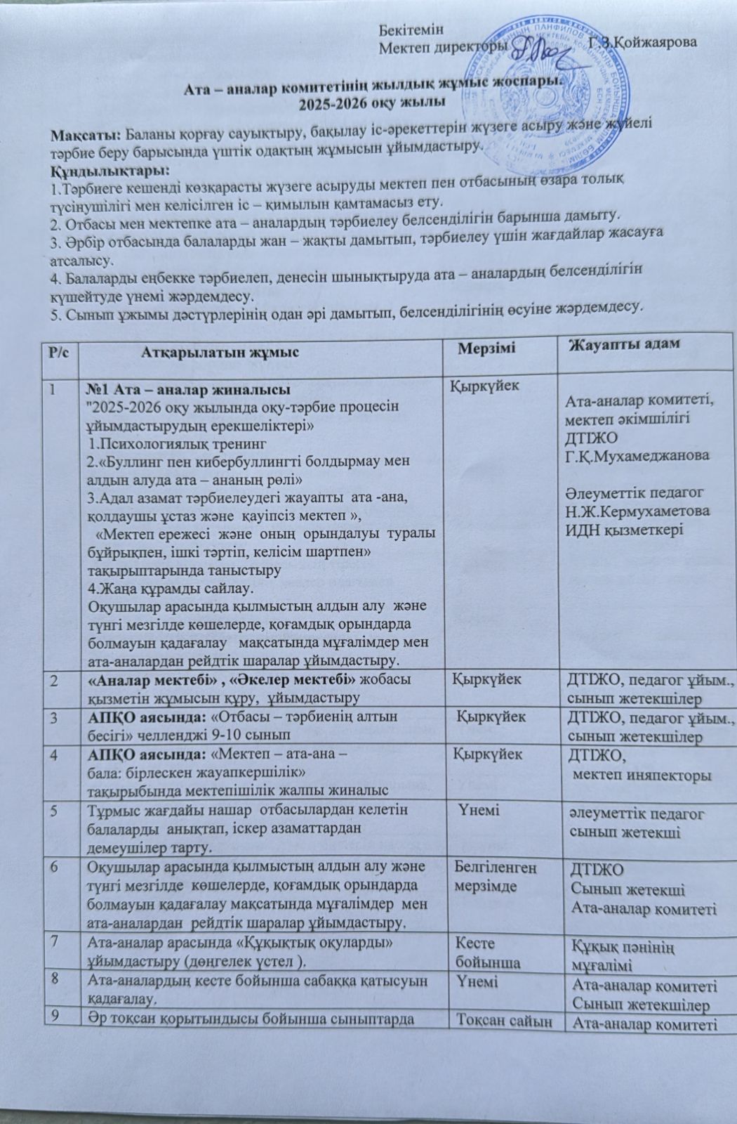 Директордың тәрбие ісі жөніндегі орынбасары Мухамеджанова Гулнар Қалибекқызы